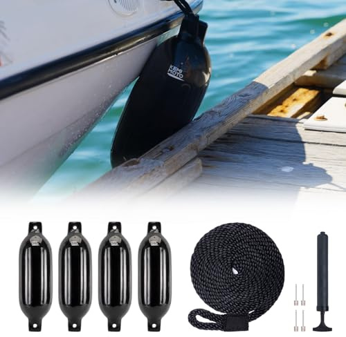 KEMIMOTO Bootsfender, aufblasbare Bootspoller für Boote, 4er-Set mit 4 Seilen, ideal für Anlegemanöver, geeignet für Pontonboote, Angelboote und Jonboote