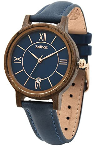 Zeitholz Holzuhr Damen, Armbanduhr, Lederband Blau, Analog, Quarz, Neue Rosenbach Kollektion 36mm, Naturholz mit Japanischem Quarzwerk. Eine Aussergewöhnlich Vielseitige Damenuhr (Navy)