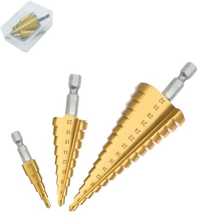 Surplex 3 pcs HSS Step Cone Drill Bits, Titanium Coated, 4-12/4-20/4-32 mm All-in-One High Speed Steel Step Drill Bits Set for Wood, Sheet Metal, PVC and Thin Metals