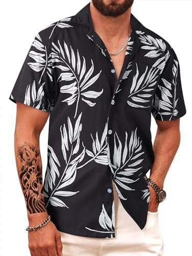 APTRO Herren Hawaiihemd Kurzarm Freizeit Urlaub Reise Shirt Sommer Hemd Blatt Schwarz HW024 L