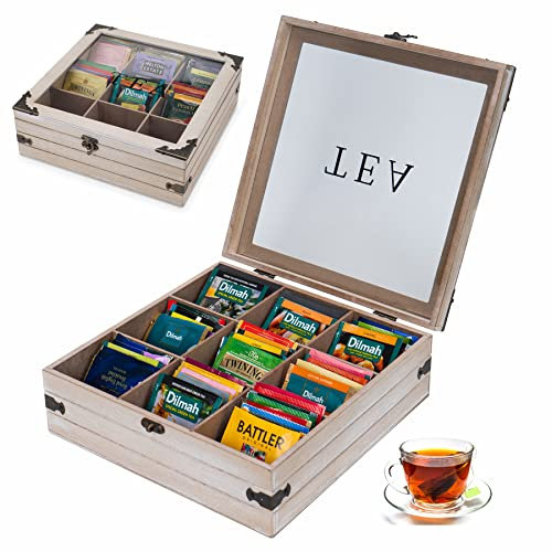 Optyuwah Vintage Wood Tea Organiser Box, 9 Compartments, Cream, 24 cm x 24 cm x 8.4 cm, Tea Bag Holder