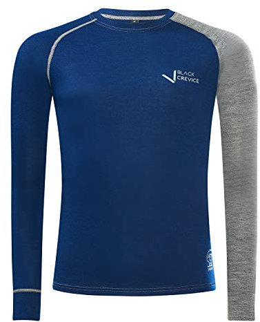 Black Crevice Herren Langarmshirt aus Merino Wolle in L - Steel Blue/Grey I Funktionsshirt atmungsaktiv I Funktionsunterwäsche I Base Layer I Long Sleeve I Skiunterwäsche
