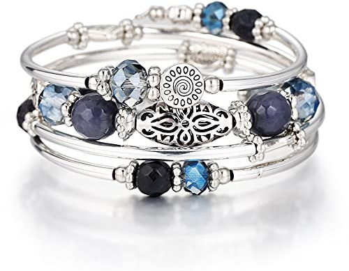 FULU AUTUMN Stackable Beaded Bracelets for Women Boho Wrap Silver Bracelet Layered Fashion Jewelry Gifts for Her(Blue)