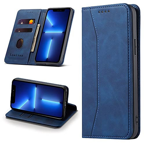 Leaisan Handyhülle für iPhone 13 Pro Max Hülle Premium Leder Flip Klappbare Stoßfeste Magnetische [Standfunktion] [Kartenfächern] Schutzhülle für iPhone 13 Pro Max 5G Tasche - Blau