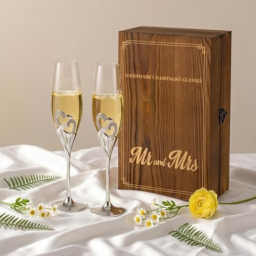 Inweder Champagneglas silver för bröllop med trälåda, 2 st | Kapacitet 200 ml, blyfri kristall, metallstam, för förlovning, årsdag, fest, brud och brudgum, toast