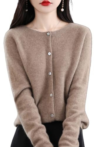 Kashmircardigan för dam, ull, rund hals, knappslå, långärmad kofta tröja, mjuk, varm, stickad och elastisk tröja (kamelbrun, storlek XXL), Camel, XXL