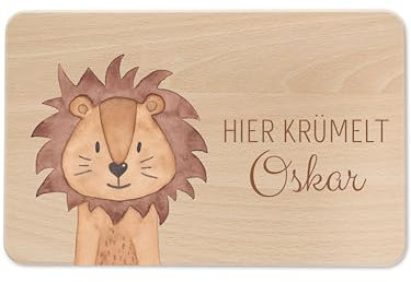 wunderwunsch - Individuelles Holzbrett mit Hochwertigem UV-Druck für Kinder - Personalisiertes Frühstücksbrettchen - Niedliche Motiv-Brettchen mit Namen (Löwe links unten)
