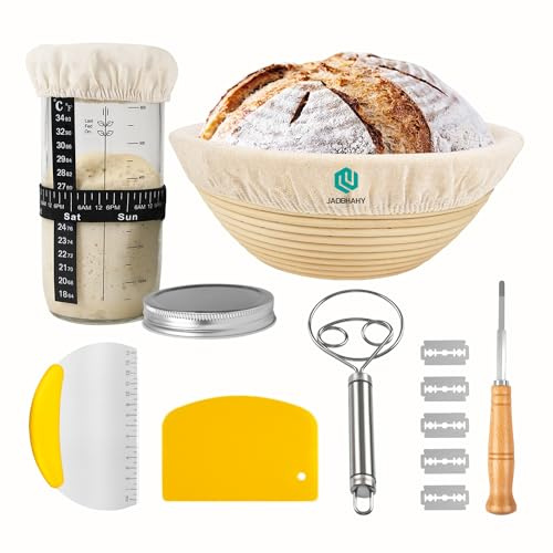 Lot de Rond Banneton pour Pain avec kit de Démarrage au Levain 650ml,Corbeille à Pain+Grattoir en Métal + Grattoir en Plastique + Fouet à Pâte + Lame à Pain,Idéal pour la Pâte à Pain et à la Levure