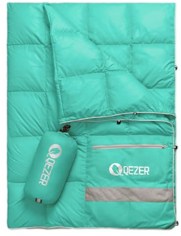 QEZER Daunen Campingdecke, ultraleichte Reisedecke für Outdoor und Indoor Camping, Wandern, Autoreisen, Flugreisen, Garten,Hängematte,kann als Kissen verwendet Werden (Grün)