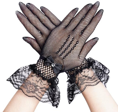 Damen Spitzen Handschuhe Netzhandschuhe Schwarz Kurze Lace Fishnet Blumenspitzen Sonnenschutz Für Hochzeit Dinner Party Abschlussball