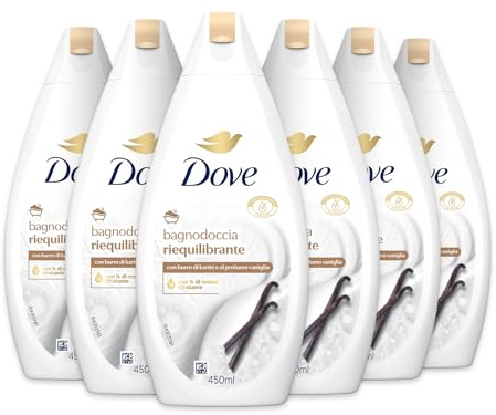 Dove Bagnodoccia Riequilibrante, Idratante Dermo-Naturale, Burro di Karité e Vaniglia, 1/4 Crema Idratante, Dermatologicamente Testato, Bagnoschiuma Uomo e Donna, 100%Bottiglia Riciclata*6 Pezzix450ml