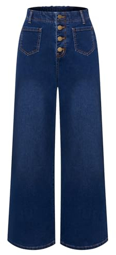 Belle Poque Jeans da donna a gamba larga, a vita alta, elasticizzati, vintage, in denim, con tasche, Blu scuro sfumato, S