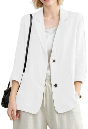 YOUNIFIZ Blazer da donna in lino con maniche a 3/4 con risvolto estivo casual giacche con tasche, A_bianco, L