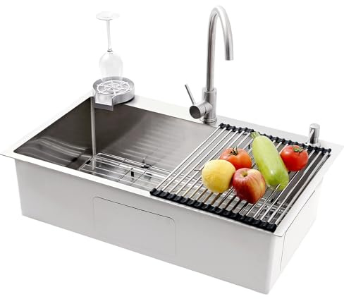 Fregadero Cocina Grande Acero Inoxidable 304, Fregadero 1 Seno Plateado, Fregaderos Un Seno Con Canasta De Drenaje, Para Instalación Bajo Encimera, Sobre Encimera(A,80x50x22cm)