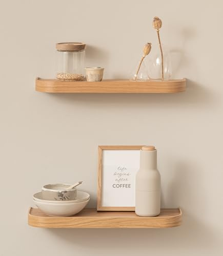 Kazai.® Estantería Pared Set 'Toke' | 2 Baldas Flotantes Pared en Chapa de Madera Natural | Estante Pared para Decoración y Almacenamiento en Baño, Cocina, Sala, Dormitorio y Más | Roble