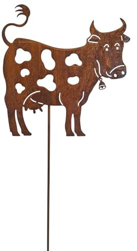 Bornhöft Decorazione da giardino con mucca in ruggine, 18 x 18 cm, altezza 60 cm, spina in metallo per giardino, decorazione arrugginita per terrazza e balcone, decorazione resistente alle intemperie
