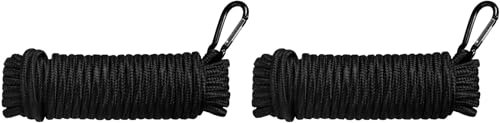 CROSS COUNTRY 9mm Multi-Purpose Rope 15m with Carabiner (2 Pack) – Braided Polypropylene Cord, for Camping, DIY, Outdoor, Household & Garden Use (Black) (2)