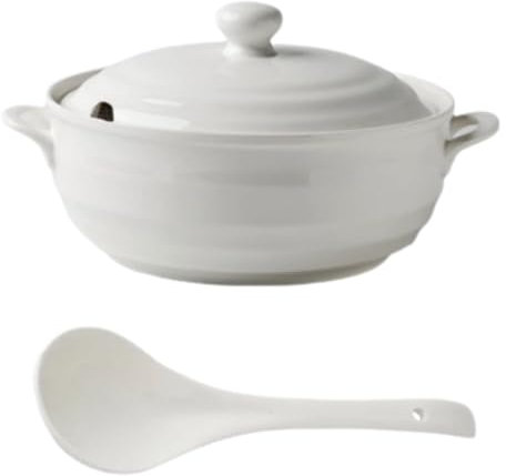 Peakjune Juego de Sopa con Tapas y cucharón,Juego De Soperas De Porcelana Blanca con Tapas,Tureen de cerámica con Tapas y Juego de cucharón,for decoración de Restaurante,hogar y Cocina.