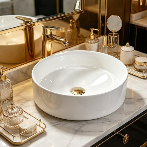 NUESTRA VIDA Lavabo da Appoggio Tondo in Ceramica, 36 cm (Diametro) x 12 cm (Altezza), Bianco, Design Compatto per Bagni Piccoli e Secondi Bagni