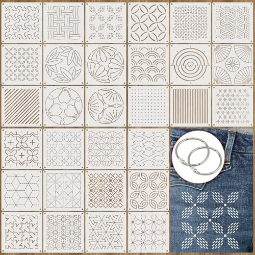 30 Pezzi Sashiko Stencil Set, Plastica Ricamo Stenci, 13x13cm, per Motivi Geometrici, Quilting A Mano, Cucito E Design Tessile