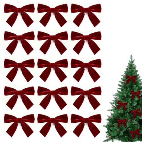 15 lazos navideños de cinta de 10 x 10 cm, lazos navideños rojos, adornos navideños, adornos para el árbol de Navidad, guirnalda para envolver regalos con lazos (rojo vino)