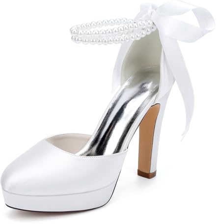Scarpe da Sposa con Plateau da Donna Punta Chiusa Perle Cinturino alla Caviglia Décolleté per Abito da Matrimonio E Festa,Bianca,43 EU