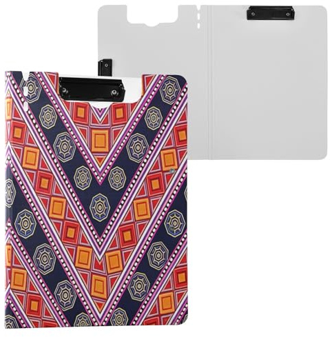 Cartella portablocco con motivo etnico arancione e blu navy, formato A4, con doppia clip, portapenne, per infermieri, con copertina rigida