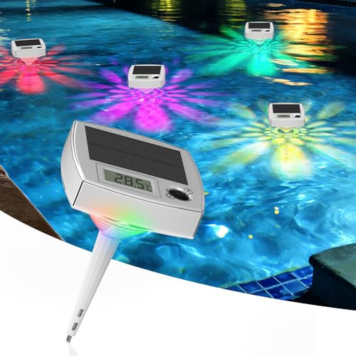 DoXtreme Termometro per Piscina Solare con Luci LED RGB 2 in 1 Termometro Acqua con Display LCD 7 Colori + 3 Intensità Luce IP68 Impermeabile per Piscina Fuori Terra Idromassaggio Spa Vasca