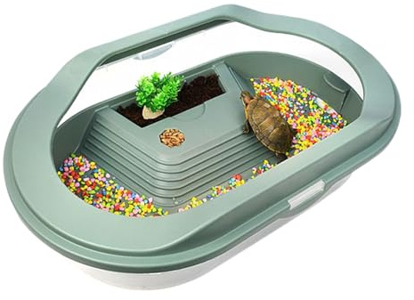 Terrarium pour reptiles – Grand réservoir d'habitat pour tortues avec drainage par le bas, étape de prélasse surélevée, couvercle transparent sécurisé | Configuration optimale de la boîte d'élevage