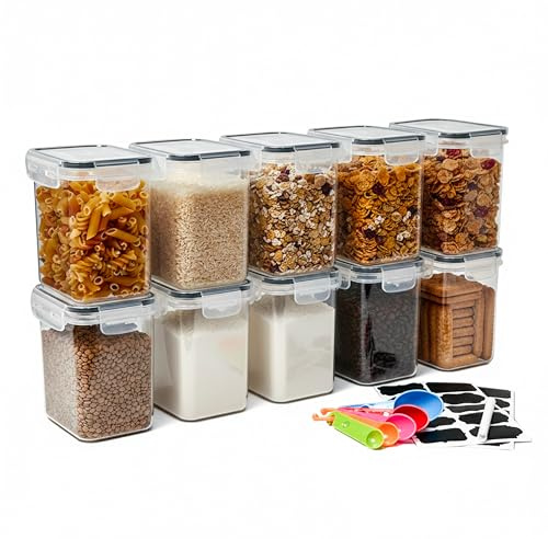 Baroni Home Set 10 Contenitori Ermetici per Alimenti da 1,4L Organizer Dispensa con Coperchio, Etichette Lavagna, Pennarello e Misurini, Sicuro in Lavastoviglie