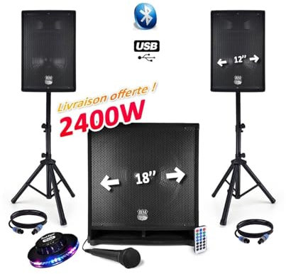 PACK SONORISATION COMPLET BM Bmsonic 2400W USB/BT MKII - 2 Enceintes 12 + Caisson SUB Actif 18 Animation Mobile Mariage
