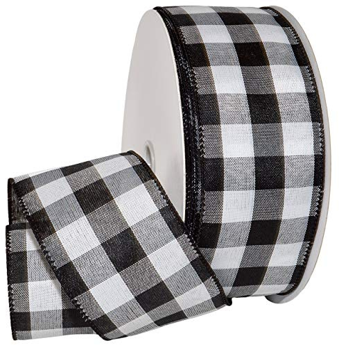 Morex Ribbon 7398.60/10-613 Cambridge 2.5 X 10 YD Wired Ribbon, Black and White, Buffalo Check Plaid Ribbon for Gift Wrapping, Christmas Decorations Indoor Home Decor, Craft Supplies & Materials