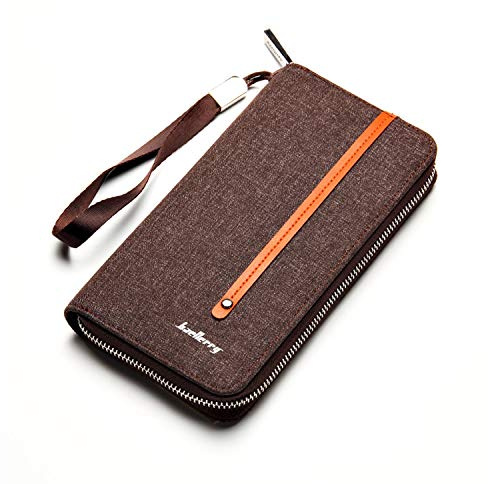 FANDARE Vintage Portafoglio Portfolio Uomo Lungo Cartella Portafogli Tela Dicastero con porta carte di credito portamonete porta tessere Wallet Marrone
