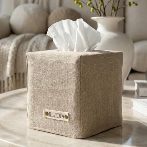Stylish Tissue Box Cover - Beige Linen Holder for Square Tissue Boxes