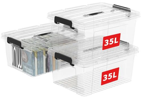 Cetomo 35L*3 Caja de Almacenamiento con Asa, Caja de Plástico con Tapa y Cierre Seguro, Contenedor de Almacenamiento Grande, Duradera, Apilable, Resistentes, Transparente, Paquete de 3 de 35L