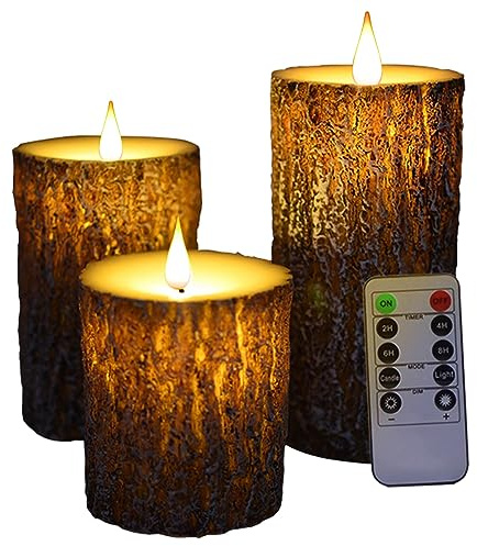 NICEME LED Pine Bark Flameless Candles Set of 3 Real Wax Battery Operated Candles Flickering Teardrop Wick Electric Decorative Pillar Bark Candles with Remote Timer, D3 x H4 5 6