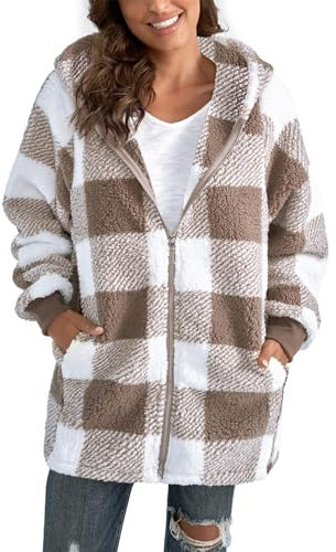 ABINGOO Damen Teddy Fleece Mantel Kariert Warm Winterjacke Kapuzenjacke Flauschig Plüschjacke Reißverschluss Sweatshirt mit Kapuze und Taschen(Beige,XXL)