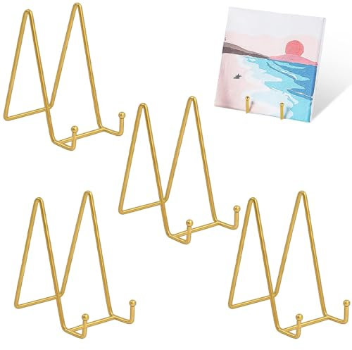 dogmoon Plate Stands for Display, 4PCS 6 Inch Metal Plate Stands, Photo Frame Holder, Tabletop Picture Stand, Metal Iron Easel Frame Holder for Photo Pictures Decorative Plate Dish(Golden)