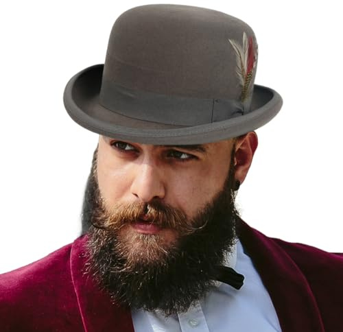 HISSHE Men's Wool Fedora Hats Women Felt Bowler Derby Hat with Feather (Grey,L)