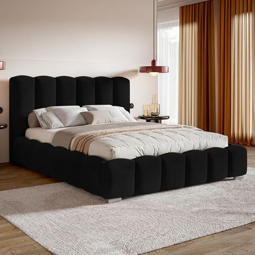 MOTIVENA Grand Bubble Bett 180x200 Schwarz Samt, mit Stauraum, mit Kopfteil, mit Lattenrost, mit Füßen, ohne Matratze, Bubble Polsterbett 180x200 mit Bettkasten Schwarz