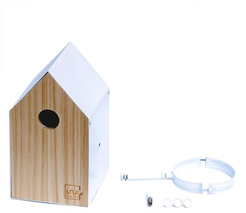 UNUS Vogelhaus Nisthaus Vogelhäuschen Nistkasten Fütterungsstation Holz Metall Befestigung unten oder seitlich mit Dachrinnenbefestigung weiß