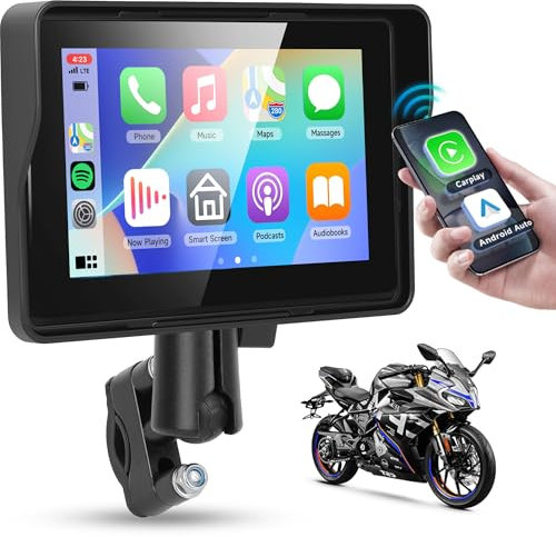 Rimoody Kabelloses Carplay Motorrad Android Auto, 5 Zoll Toucuscreen Tragbares Carplay Display für Motorräder, Autoradio für Motorräder mit Airplay/Android Cast/Bluetooth/Navigation/IP67 Wasserdichter