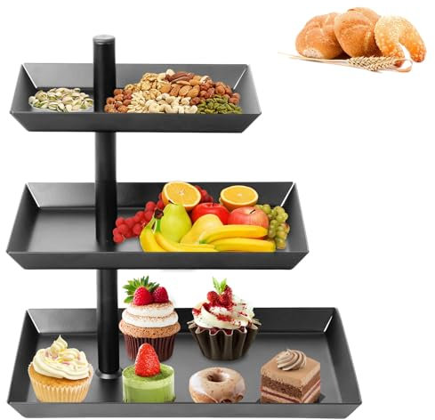 Frutero negro con 3 niveles, cuenco giratorio 360 °, soporte de acero para exhibición, fuente de servir, postres, pasteles, galletas, frutas, 25 x 16 x 26 cm