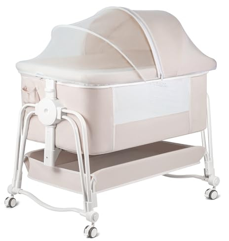 suihuooo 4 In 1 Baby Crib, Next to Me Crib, 7 Level Adjustable Bedside Bed for Baby with Wheels, Storage, Mosquito Net and Matress Included, Portable Cribs for Newborn Infant (Cream)
