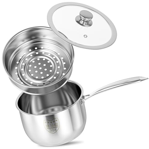 1.5 Quart Stainless Steel Saucepan with Steamer Basket, Small Multipurpose Sauce Pan with Lid, PFOA Free Non-Toxic Kitchen Cookware, Induction Pot For Cooking Gravies, Pasta, Vegetable and More