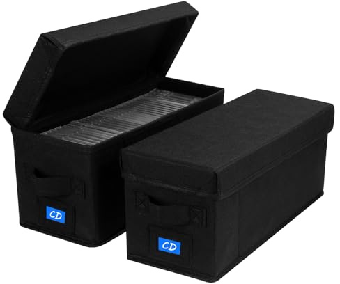 BOATISLE CD Case Holder with Handles and Lid – CD Storage Box with External Label Slots, Easy-to-Move Organizer Case for Efficient Media Storage,2Pack-Black