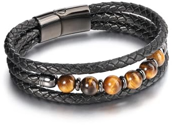 Jovivi Tigerauge Wickelarmband Herren - Mittelgroß, Gold, Böhmisch, Magnetisch, 21 cm, 1 Stück