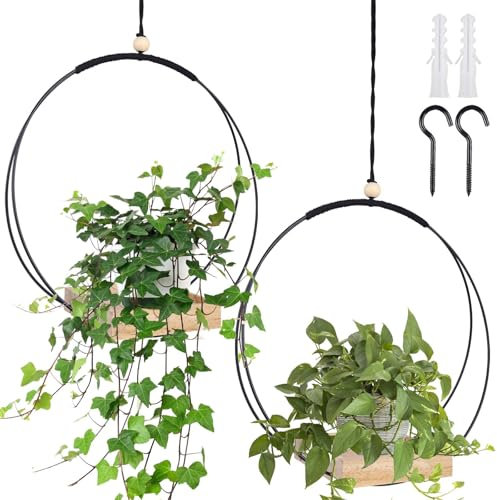 GOMETY 2 Stück Makramee Blumenampel mit Hölzernen Basis, H93cm Hängetopf mit Holzsockel Metallring und Aufhängeschlaufe für den Innenbereich, Hängende Pflanzgefäße für Wände und Decken