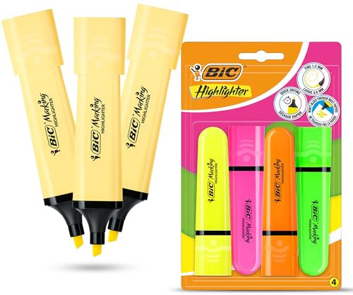 BIC Highlighter platt markör pastell gul förpackning med 3 och blandade neonpaket med 4 snabbtorkande mejselspets vattenbaserat bläck ljusa fluorescerande färger hållbar plastkropp för kontor skola