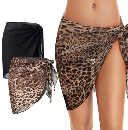 WUSJCOF 2pcs Damen Strand Wrap Sarong Chiffon Bikini Cover up Wickelröcke Sexy Pareos Strandkleider zum Tragen über Badeanzügen(Schwarz, Leopardenmuster)
